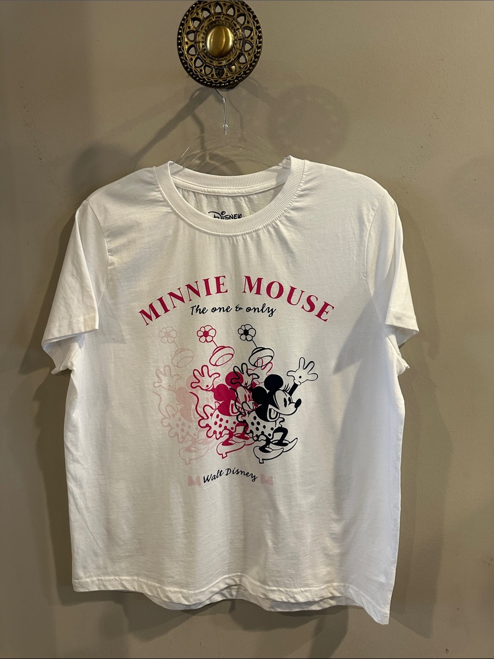 Disney White Minnie Mouse Graphic Tee with Pink and Black Accents